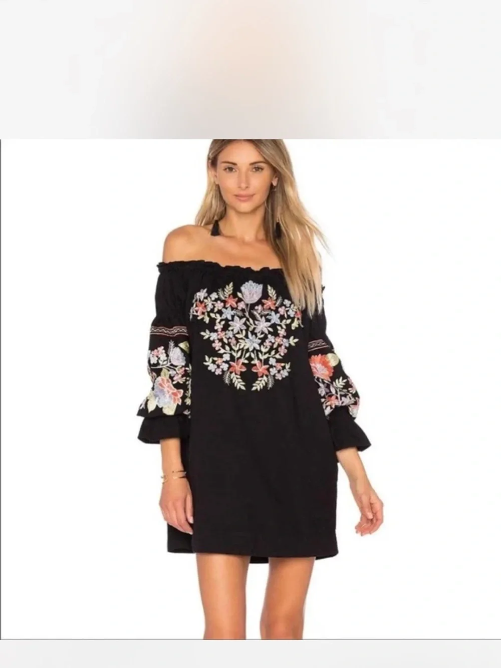 Free People Fleur Du Jour Black Off-Shoulder Embroidered Mini Dress